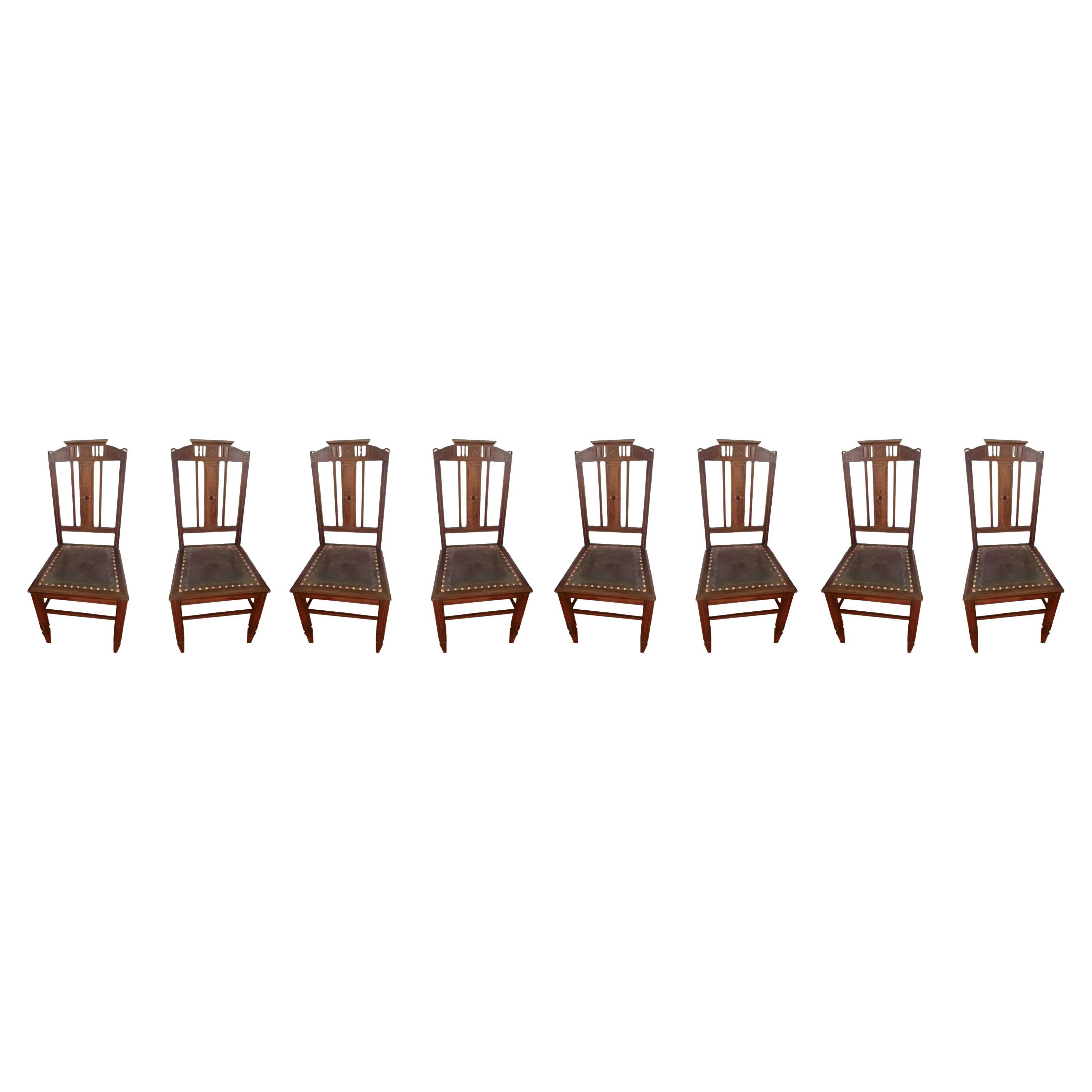 Art Nouveau Conjunto De 8 Sillas De Cuero