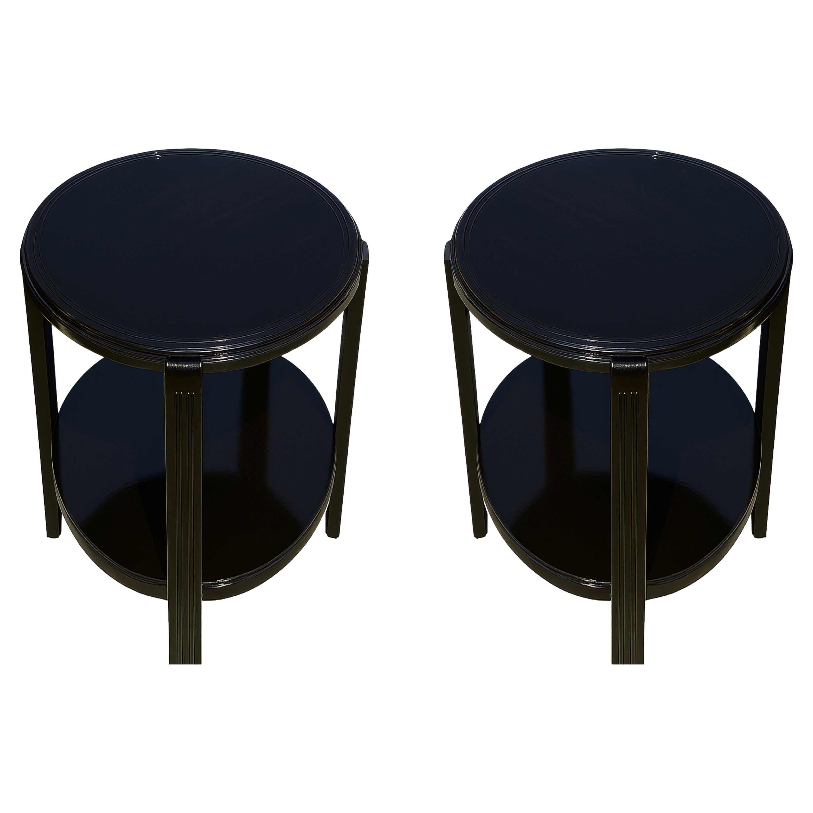 Pair Of Art Deco Walnut Black Lacquer Side Table, 20th Century