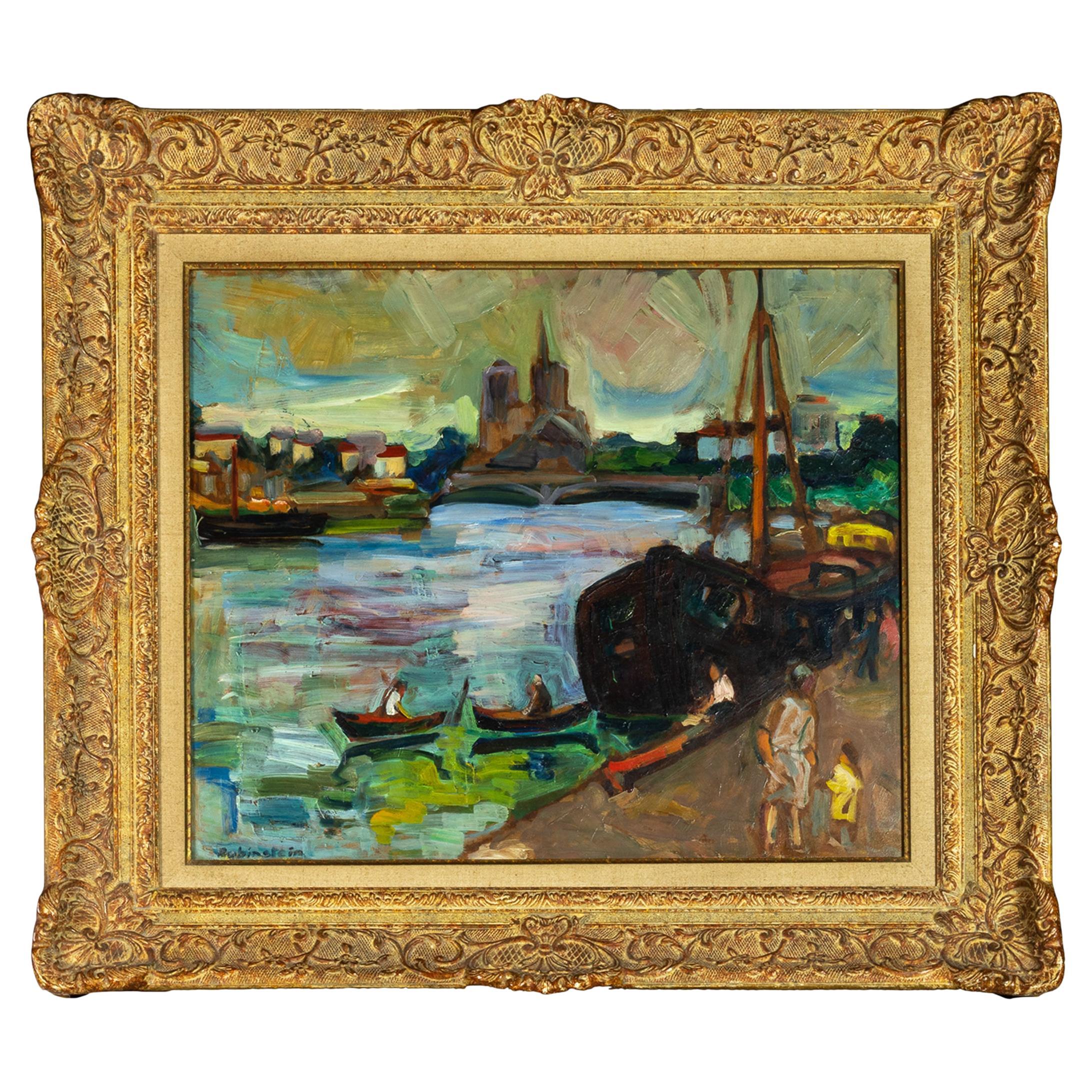 Post Impressionism Oil Painting 'Les Barges', Maritime, Signed, 20th Century