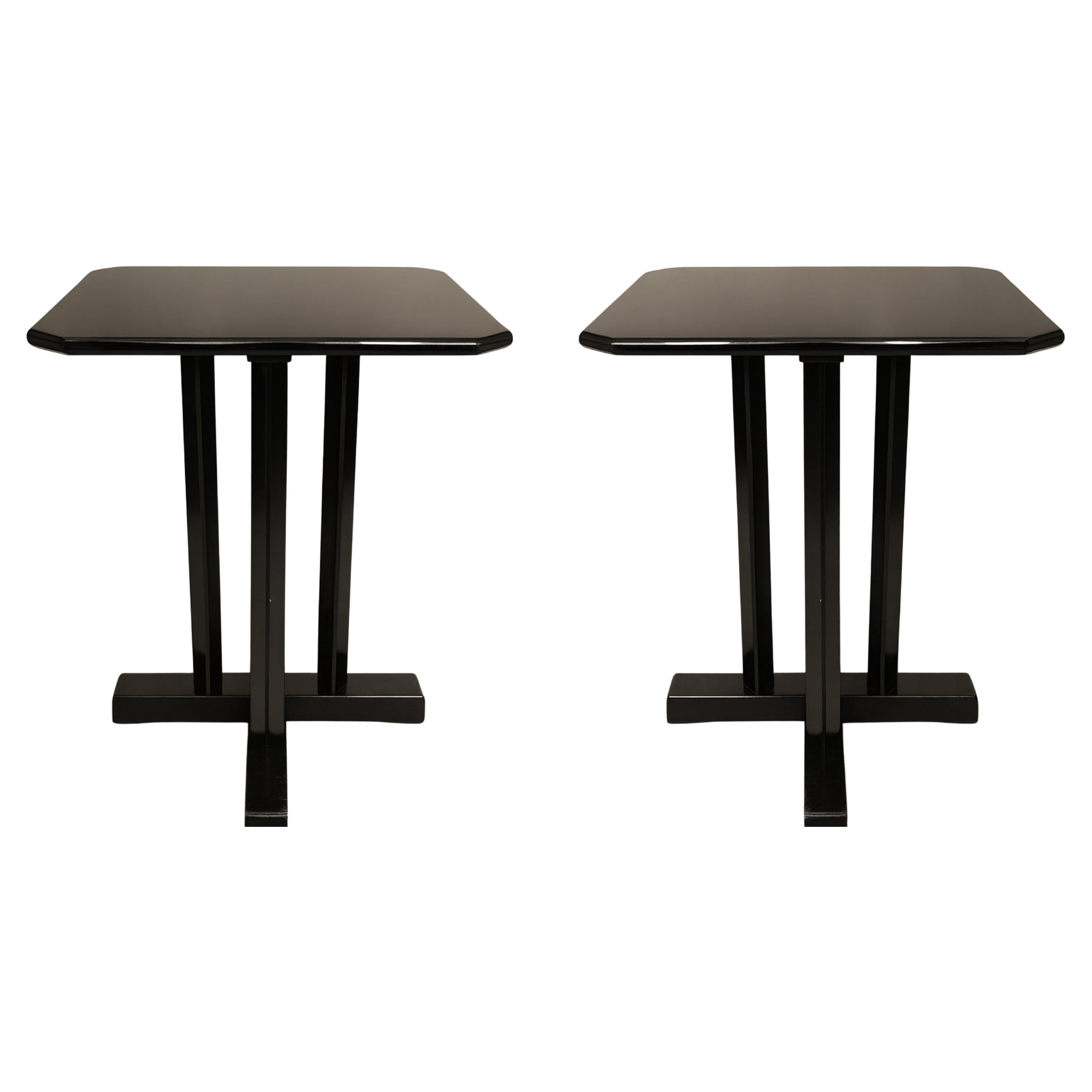Pair of Black Lacquer Art Deco Walnut Bistro Coffee Cocktail Table, 20th Century For Sale