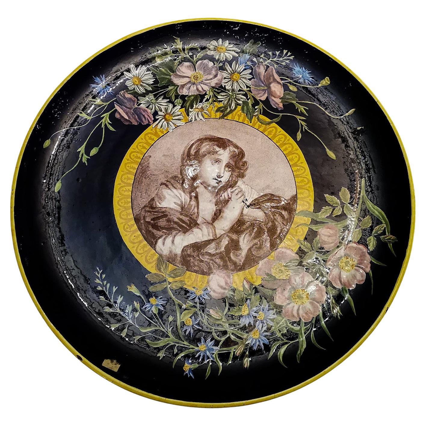 Plat mural en porcelaine bleue d'après Greuze, Vincennes, 18ème siècle en vente