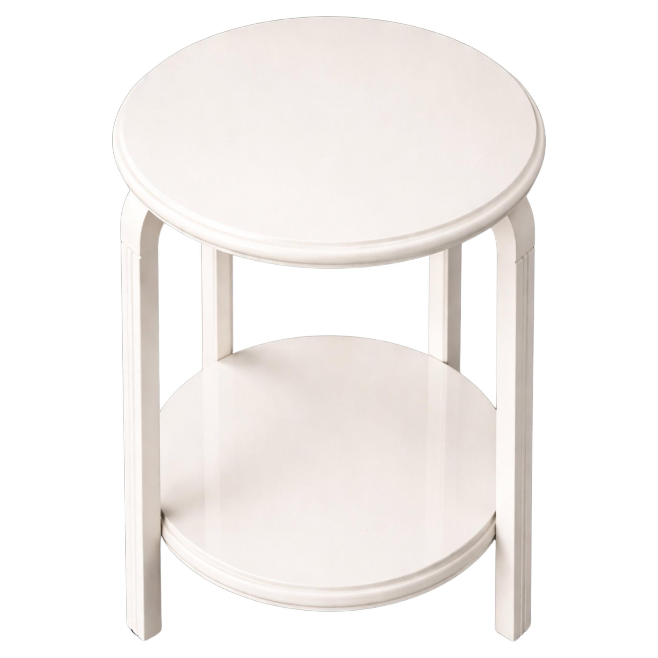 Art Deco Round Side Table – Walnut, Off-White Lacquer, Shelf, 20th Century For Sale