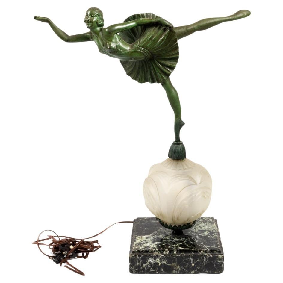 Art Deco Table Lamp Green Bronze Dancer Statue, 20th Century For Sale