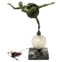 Art Deco Table Lamp Green Bronze Dancer Statue, 20th Century
