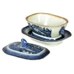 Miniature Tureen and Platter Chinese Blue Canton Porcelain, 19th Century