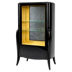 Art Deco Black Lacquer Display Cabinet with Glass Shelves & Mirror Back