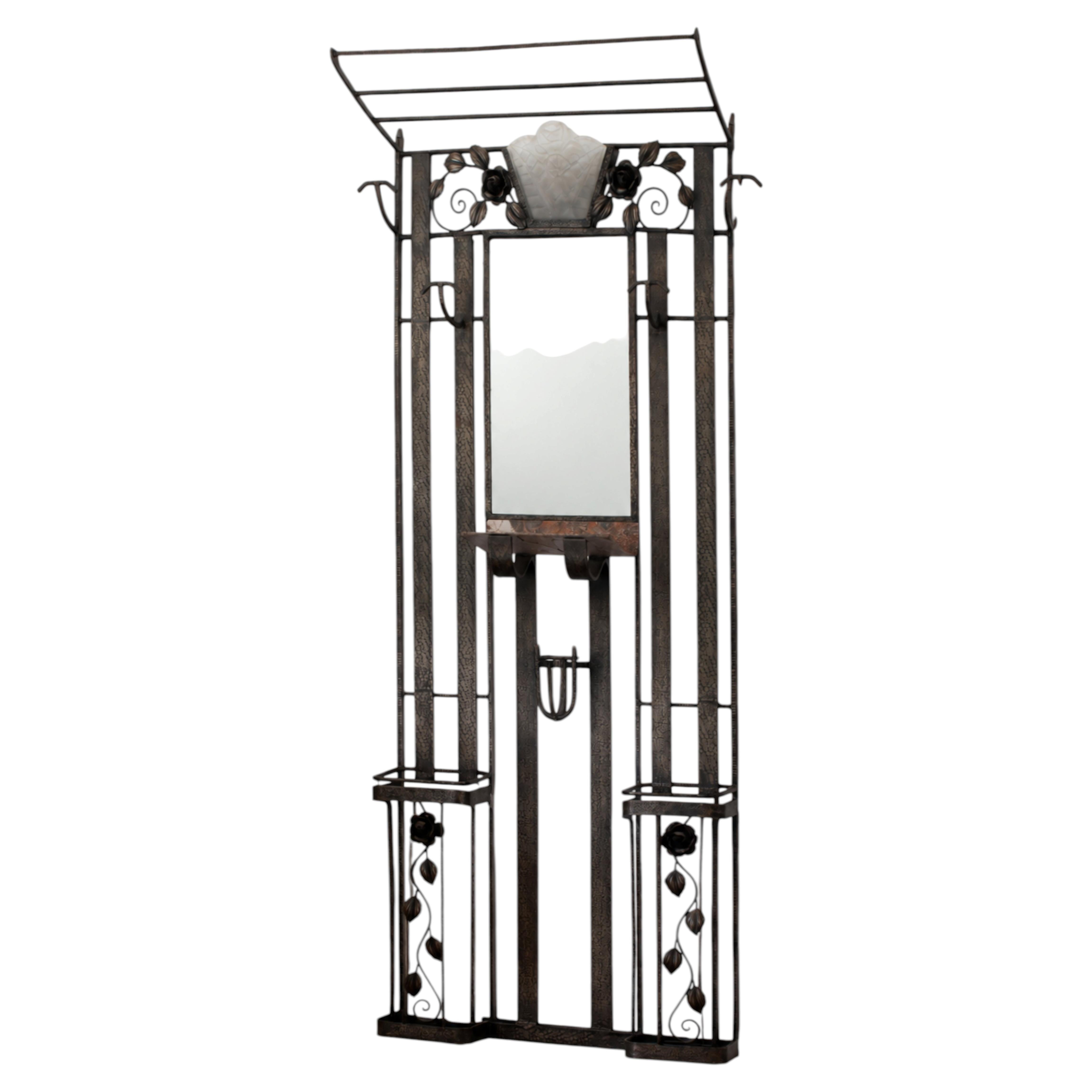 Art Deco Wrought Iron Coat Rack with Lights & Mirror, Hall Tree, Umbrella Stand