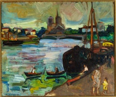 Signiertes postimpressionistisches Ölgemälde mit Flussmotiv aus Paris, „Les Barges“, 20. Jahrhundert