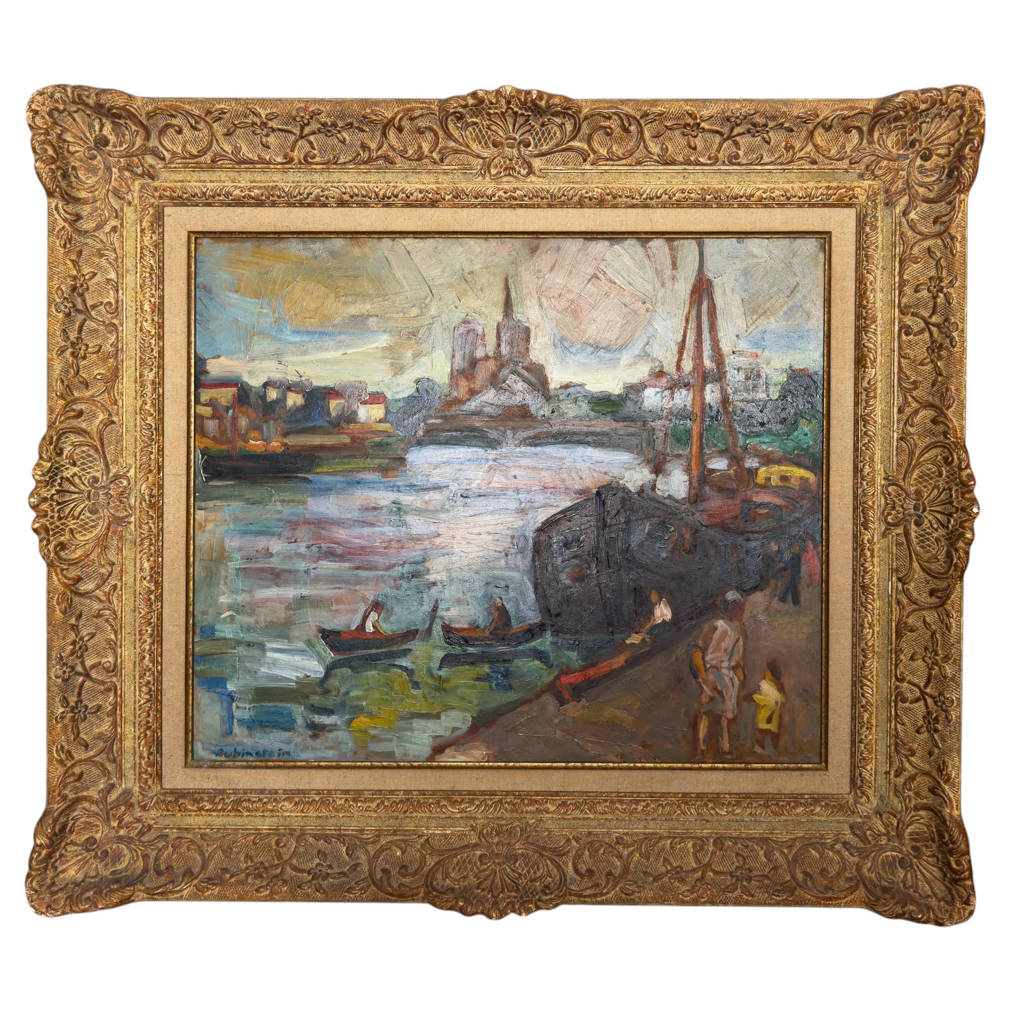 Signed Post-Impressionist Paris River Oil Painting, Les Barges, 20th Century For Sale