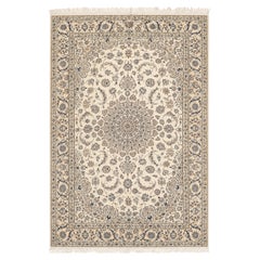 Gran alfombra afgana de estilo Nain, de origen persa, con motivos florales en marfil y azul, de 127,56 pulgadas
