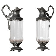 Pair of Empire Revival Silver-Plated Glass Claret Jugs, Early 20th Century