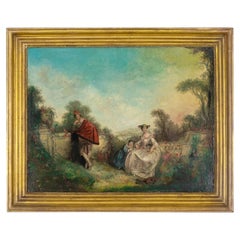 19th Century French Romantic Family Oil on Canvas Painting, Framed