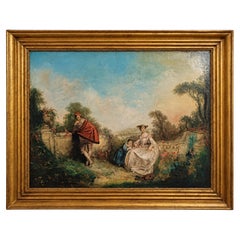 19th Century French Romantic Family Oil on Canvas Painting, Framed