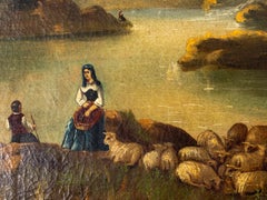 Signed 19th Century French Romantic Lake Landscape Oil Painting with Shepherds