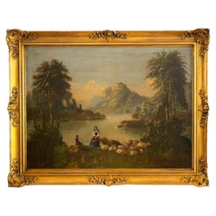 Signed 19th Century French Romantic Lake Landscape Oil Painting with Shepherds
