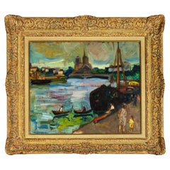 Signiertes postimpressionistisches Ölgemälde mit Flussmotiv aus Paris, „Les Barges“, 20. Jahrhundert