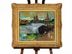 Signiertes postimpressionistisches Ölgemälde mit Flussmotiv aus Paris, „Les Barges“, 20. Jahrhundert
