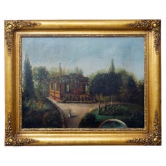 19th Century French Romantic Garden House Painting, Ornate Gold-Tone Frame