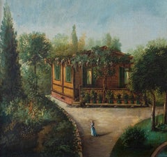 19th Century French Romantic Garden House Painting, Ornate Gold-Tone Frame