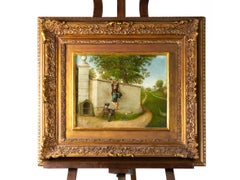 19th Century French Romantic Oil Painting of Young Boy Climbing Wall with Dog