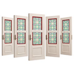 Set of Five Art Nouveau Doors with Ten Stained Glass Panels and Brass Handles