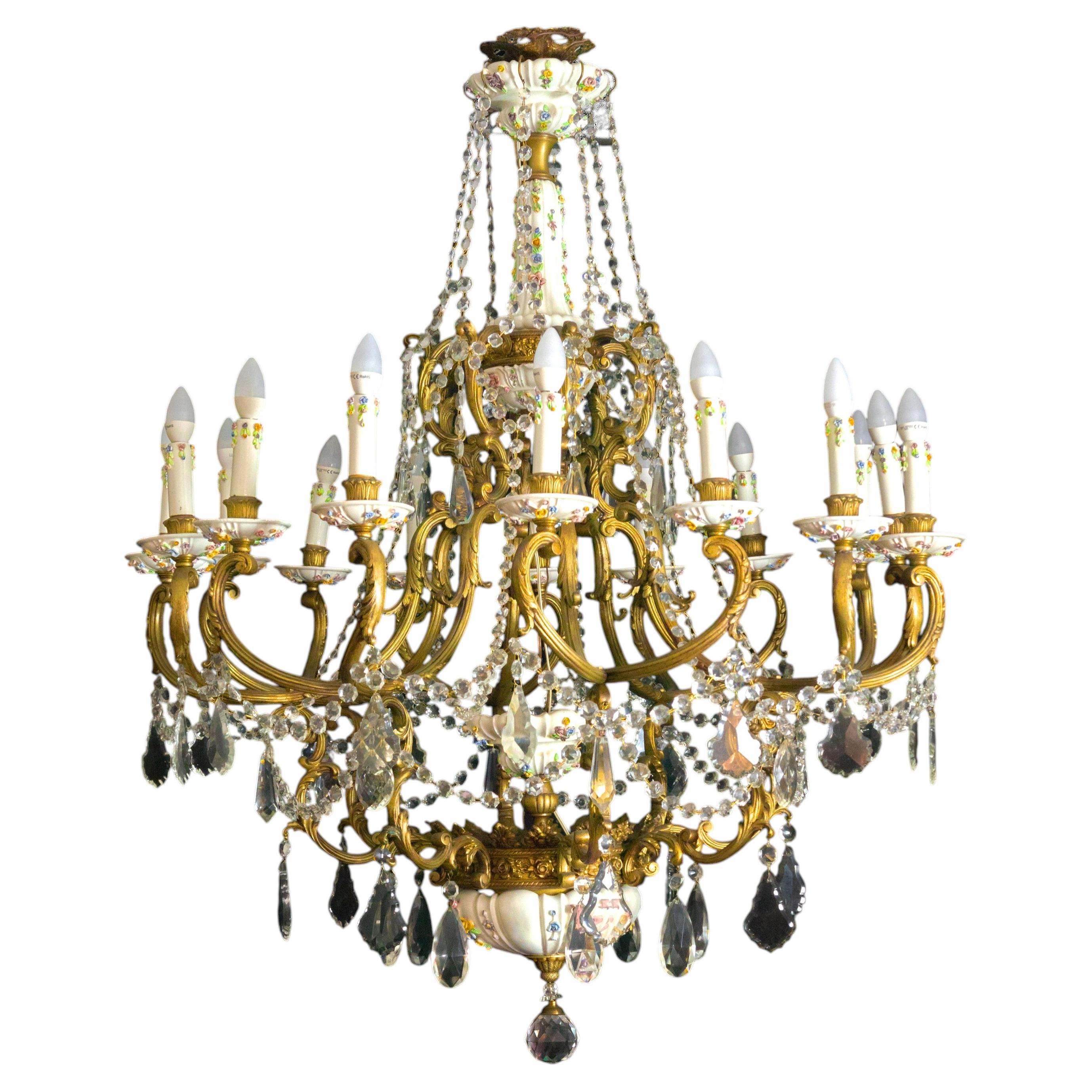 Oversized Gilt Bronze and Porcelain Sixteen-Light Chandelier