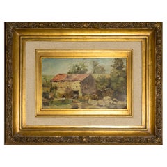 Dipinto a olio in stile naturalista raffigurante un mulino ad acqua in riva al fiume, di Acácio Lino, 1920–1938
