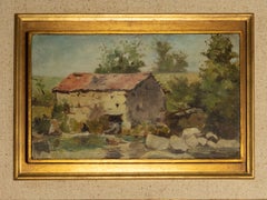 Dipinto a olio in stile naturalista raffigurante un mulino ad acqua in riva al fiume, di Acácio Lino, 1920–1938