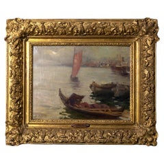 João Reis Maritime Oil Painting of Sailboats in Harbor, Early 20th Century
