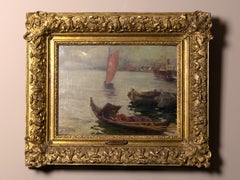 João Reis Maritime Oil Painting of Sailboats in Harbor, Early 20th Century