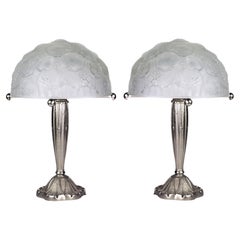 Pair of Lalique Style Art Deco Nickeled Brass Table Lamps, 1920s