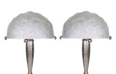 Pair of Lalique Style Art Deco Nickeled Brass Table Lamps, 1920s