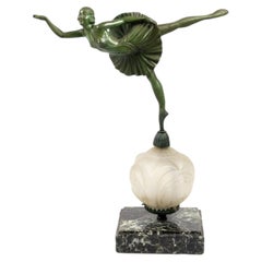 Art Deco Table Lamp Green Bronze Dancer Statue, 20th Century