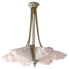 Degué Art Deco Chandelier Pendant, Frosted Glass, 1920s