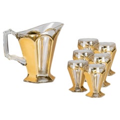 Art Deco Glass Set, Pitcher & Six Glasses, Golden Accents, 1930