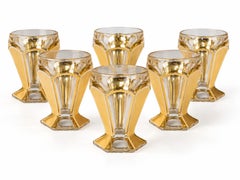 Ensemble en verre Art Déco, pichet et six verres, décorations dorées, 1930