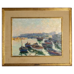 Jaime Augusto Murteira Coastal Harbor Oil Painting with Boats, 20th Century