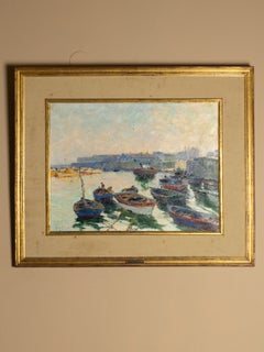 Jaime Augusto Murteira Coastal Harbor Oil Painting with Boats, 20th Century