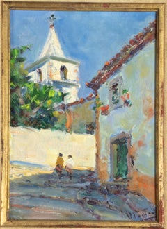 Jaime Murteira Village Street with Church Oil Painting, 20th Century
