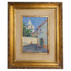 Jaime Murteira Village Street with Church Oil Painting, 20th Century