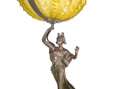 Art Nouveau Spelter Woman Sculpture Yellow Glass Lamp, 1900s