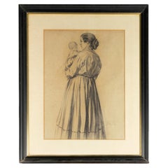 Joaquim Lopes Modernist Charcoal Drawing of Mother and Child, 1946