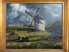 19th Century French Barbizon School Oil Painting of Windmill Landscape, Signed