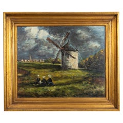 19th Century French Barbizon School Oil Painting of Windmill Landscape, Signed