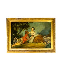 19th Century Rococo Style Oil Painting of Two Lovers After François Boucher