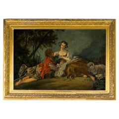 19th Century Rococo Style Oil Painting of Two Lovers After François Boucher