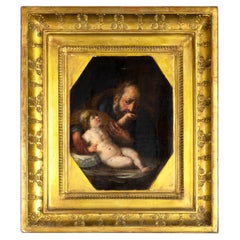 18th Century Baroque Oil on Panel of Saint Joseph and Christ Child, Gilt Frame