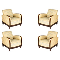 Set of 4 Vintage Walnut Parquetry Fauteuil Armchairs, Upholstered, 20th Century