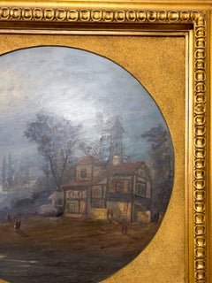 French Brittany Nocturne Landscape, Round Oil on Wood, Gilt Frame, circa 1900