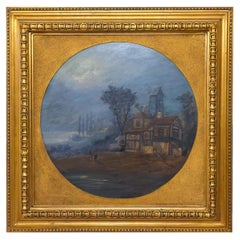French Brittany Nocturne Landscape, Round Oil on Wood, Gilt Frame, circa 1900